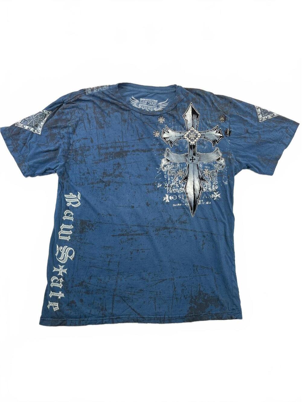 Raw State Premium Mens Shirt XL Blue Graphic Cross Studded Wing Y2K Grunge Biker